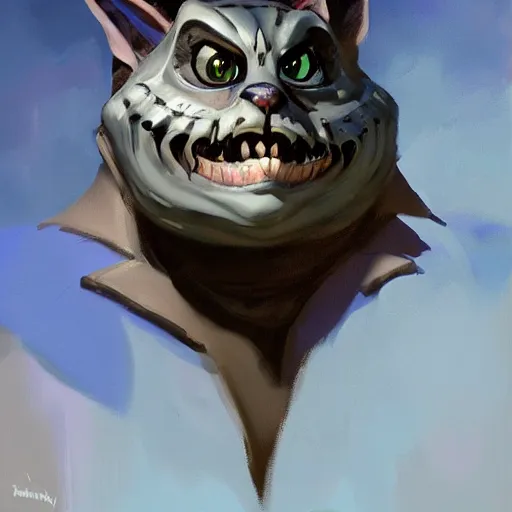 Image similar to greg manchess portrait painting of partially armored cheshire cat from alice in wonderland as overwatch character, medium shot, asymmetrical, profile picture, organic painting, sunny day, matte painting, bold shapes, hard edges, street art, trending on artstation, by huang guangjian, gil elvgren, ruan jia, randy vargas, greg rutkowski