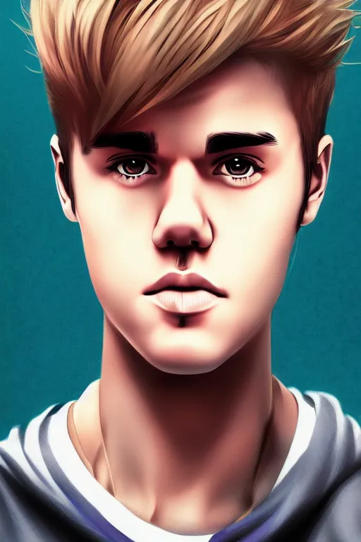 Image similar to justin bieber, manga cover art, detailed color portrait, artstation trending, 8 k, greg rutkowski