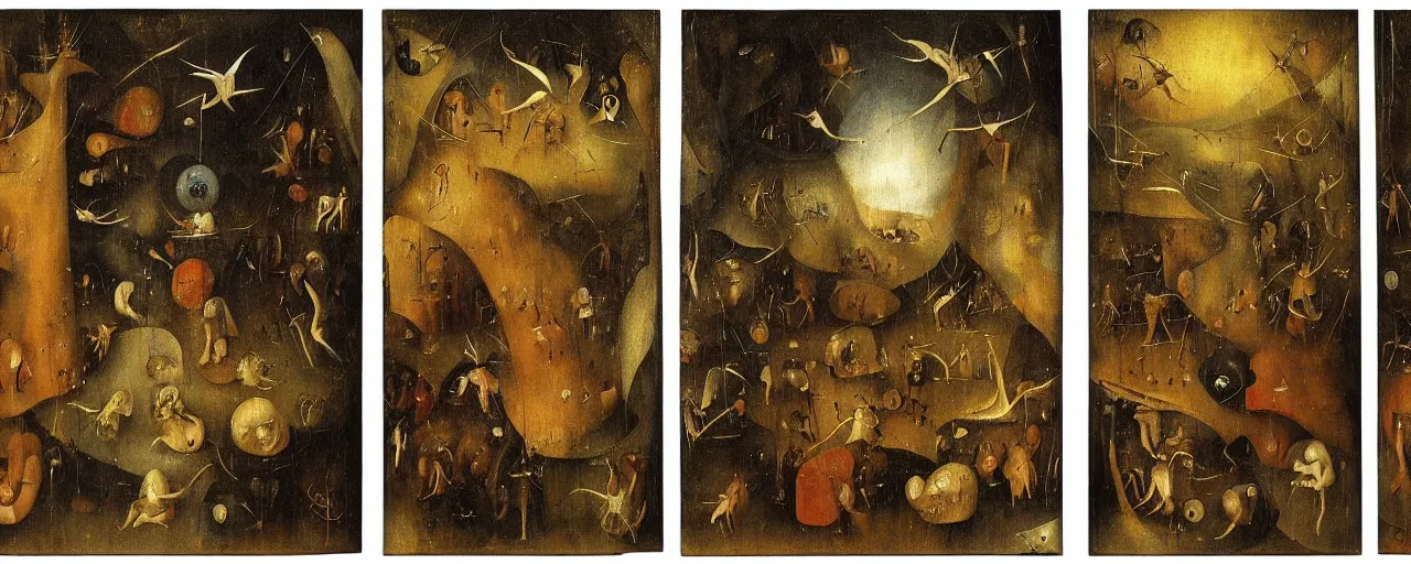 Prompt: Purgatory Triptych by Hieronymus Bosch, surreal oil painting, highly detailed, dream like, masterpiece