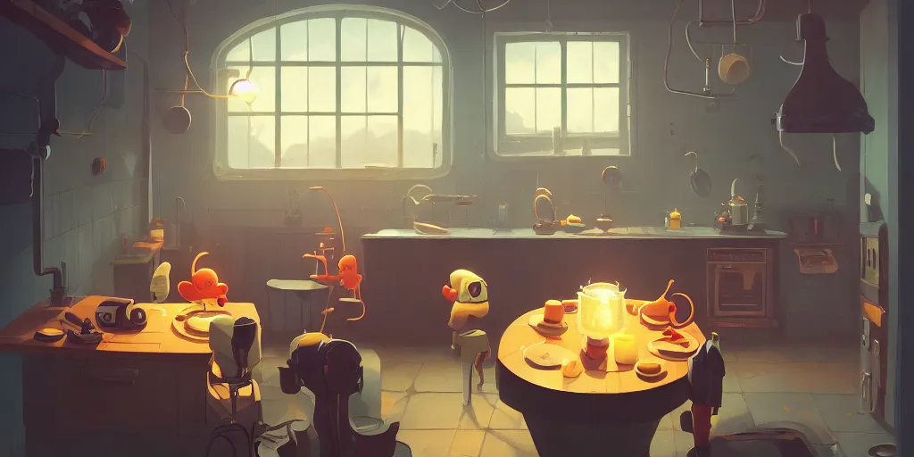 Image similar to cute solitary kitchen dim lit by a candle ripped physique simon stalenhag gerald brom bastien grivet by greg rutkowski, game background fisheye lens, low angle, day of the tentacle, bird's-eye view