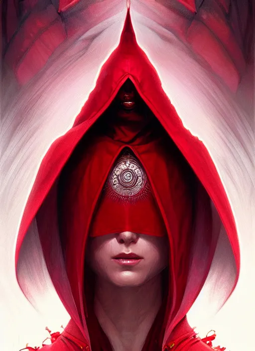 Prompt: symmetry!! portrait of a red hooded wizard, fantasy, intricate, elegant, highly detailed, digital painting, artstation, concept art, smooth, sharp focus, illustration, art by artgerm and greg rutkowski and alphonse mucha