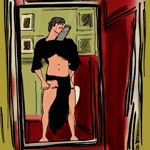 Prompt: naughty Vlad taking his selfie in the bathroom with face closed by camera and bottomless male torso, detailed, concept art, sharp focus