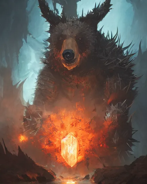 Image similar to Bear Spiky Armor, magic the gathering artwork, D&D, fantasy, cinematic lighting, centered, symmetrical, highly detailed, digital painting, artstation, concept art, smooth, sharp focus, illustration, volumetric lighting, epic Composition, 8k, art by Akihiko Yoshida and Greg Rutkowski and Craig Mullins, oil painting, cgsociety