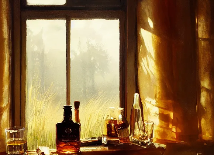 Image similar to oil painting of whiskey bottle, malt, barley plants, grain, art by anders zorn, wonderful masterpiece by greg rutkowski, beautiful cinematic light, backlit, window cast shadows, american romanticism by greg manchess, creation by tyler edlin