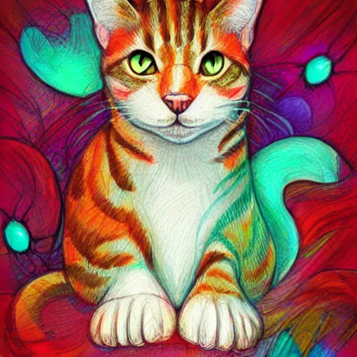 Image similar to beautiful pencil drawing of a cat by the artist loish, flowy lines, colorful, bright, cheerful, done in procreate, very beautiful sketch by loish