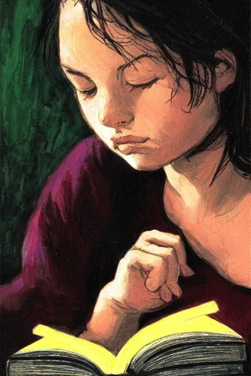 Prompt: a portrait of a girl reading a book, highly detailed, by frank miller, masterpiece, sharp focus, cinematic lightning