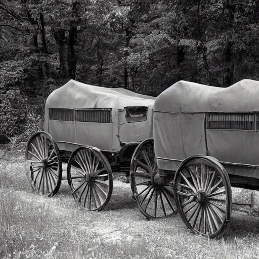 Prompt: a monochromatic sepia photograph of a delorean in a group of covered wagons,