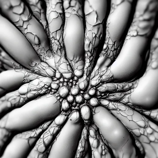 Prompt: closeup of beautiful multiracial human bodies intertwined, bodies blooming, 3 d fractals, mandelbulb, dripping wet, skin, macro photography, anamorphic bokeh, long exposure, highly detailed, hyperrealism, cinematic