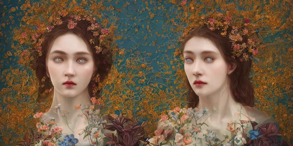 Image similar to breathtaking detailed concept art painting portrait of the goddess of nemophila flowers, orthodox saint, with anxious piercing eyes, ornate background, amalgamation of leaves and flowers, by hsiao - ron cheng, extremely moody lighting, 8 k