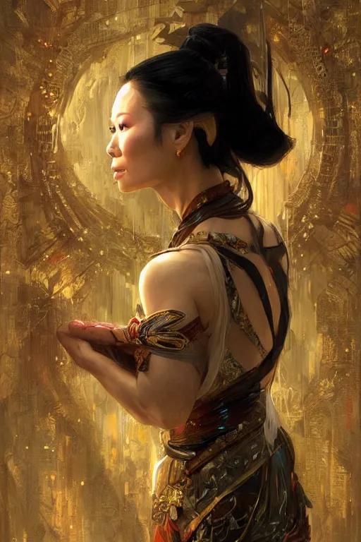 Image similar to Lucy Liu portrait, wuxia, fantasy, CYBERPUNK GLOWING COSTUME. elegant, intricate, by Stanley Artgerm Lau, greg rutkowski, thomas kindkade, alphonse mucha, loish, norman Rockwell