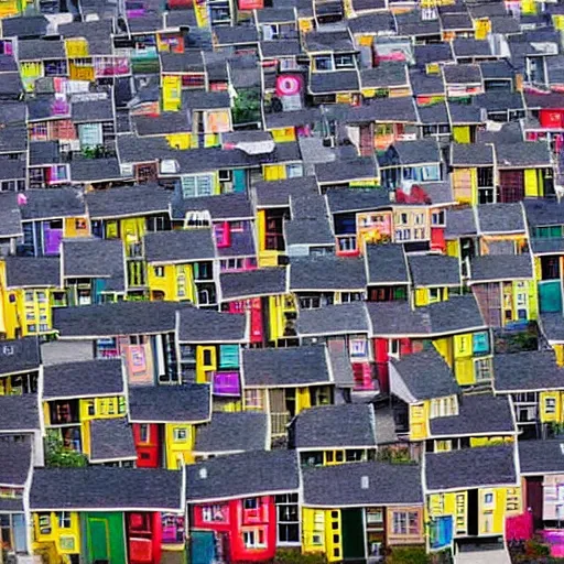 Image similar to A cityscape made up of thousands of tiny colorful houses. Photography.