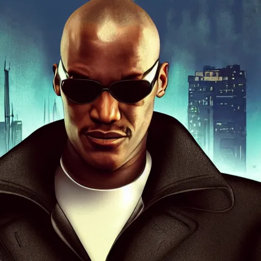 Image similar to Morpheus from the Matrix in GTA 5, cover art by Stephen Bliss, boxart, loading screen