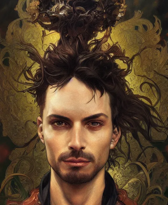 Image similar to portrait close up of man look at the camera in symmetry. concentrated look, symmetry, with an explosion on the back, d & d, fantasy, intricate, elegant, highly detailed, digital painting, artstation, concept art, art by artgerm and greg rutkowski and alphonse mucha, boris vallejo