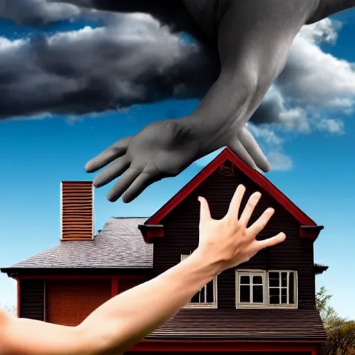 Prompt: giant hand in the sky about to crash a house, hyper realistic, hd,