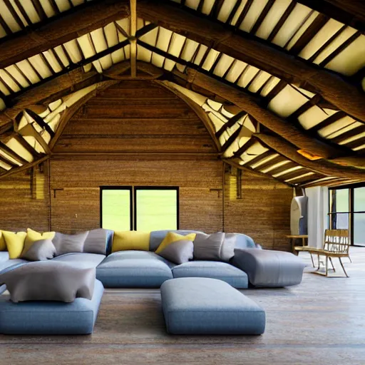 Prompt: interior view of modern futuristic farm barn architecture and interior design showing cows! laying down on sofas and pigs! and chickens! sitting in lounge chairs, wall art, throw pillows, areas rugs, feed troughs, hay, detailed luminescent oil painting 4 k