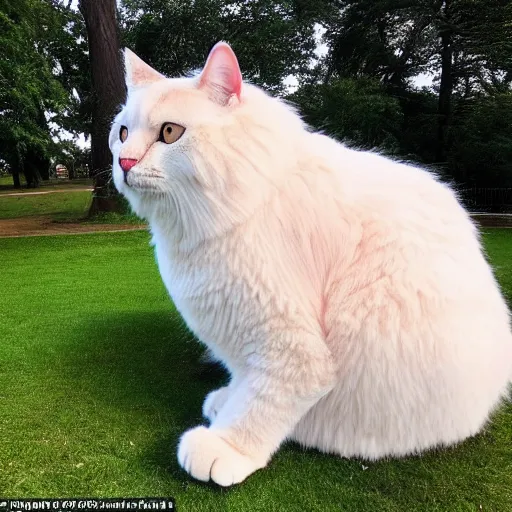 Image similar to ( enormously huge )! cat, larger than most trees with fur overwhelmingly ( very very fluffy! ) puffy fur, in a park, ( drone photo )