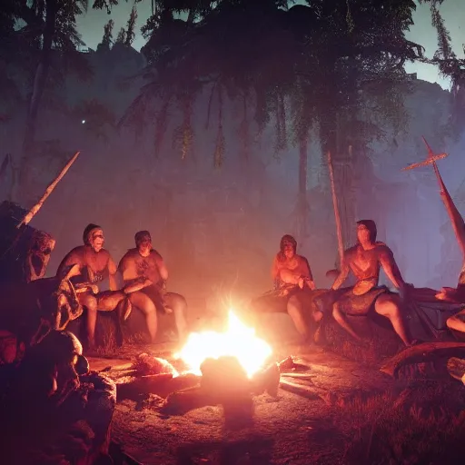 Image similar to spartan high on peyote at jungle campfire below full moon in the style of far cry primal and game of thrones, warm lighting, 8 k