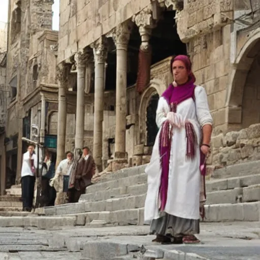 Prompt: scene from a 2 0 1 0 film set in ancient constantinople showing a woman waiting for a tram