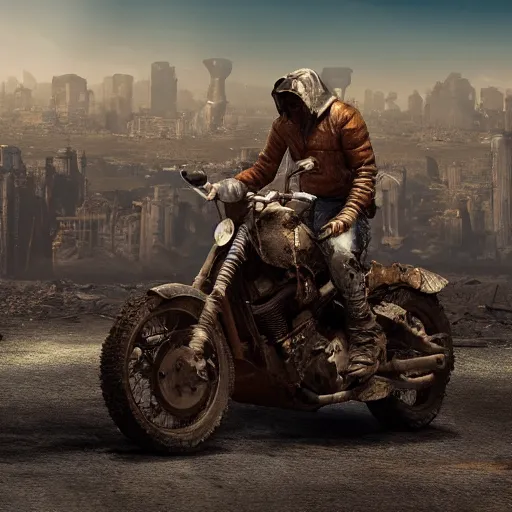 Prompt: Post Apocalyptic scavenger riding a motorcycle in a large desert with a damaged city in the background, 4k