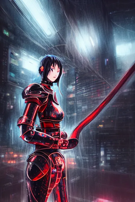 Prompt: portrait of evilly and strong stunning futuristic knights of Zodiac girl, black and red copper armor, in futuristic heavily raindrop tokyo rooftop cyberpunk night, ssci-fi, fantasy, intricate, very very beautiful, elegant, neon light, highly detailed, digital painting, artstation, concept art, human anatomy, soft light, hdri, smooth, sharp focus, illustration, art by tian zi and craig mullins and WLOP and alphonse mucha