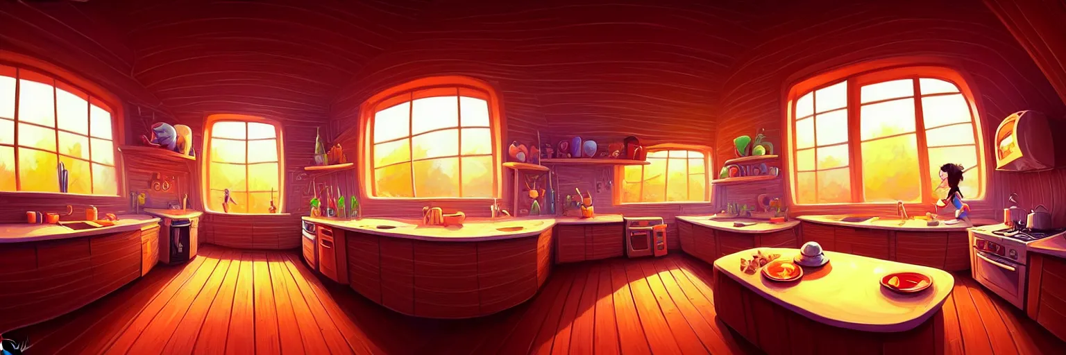 Prompt: fisheye spiral lines, naive nerikomi, weird perspective, extra narrow, detailed illustration of a kitchen dimly lit by rhads from lorax movie, trending artstation, wood texture