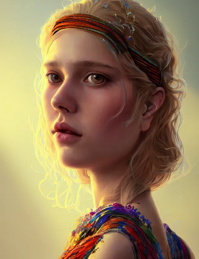 Image similar to portrait of a young woman wearing a boho dress, hippie girl, short blonde hair, groovy hairband, bangs, intricate, smooth, groovy lighting, highly detailed, digital painting, artstation, concept art, smooth, sharp focus, illustration, art by wlop, mars ravelo and greg rutkowski