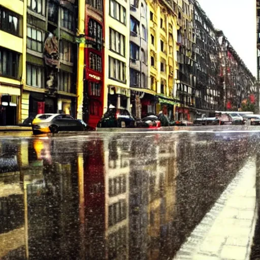 Image similar to a beautiful city in rainy day, reflection on the roads, lots of light, cars, people with umbrella, cinematic