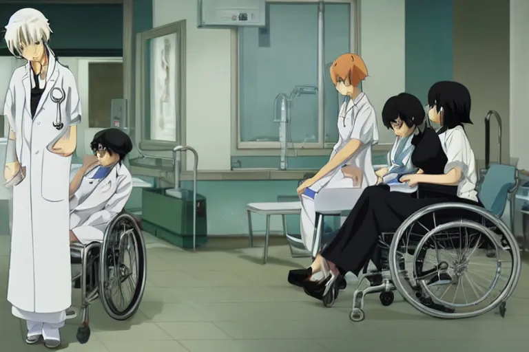 Image similar to a elegant female doctor wearing white coat are serving an old patient in a wheelchair in a hospital ward, slice of life anime, cinematic, realistic, anime scenery by Makoto shinkai