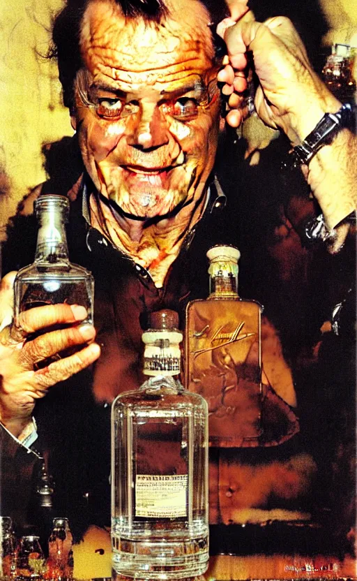 Prompt: illustration of a clear whiskey bottle with jack nicholson inside the bottle, by norman rockwell, roberto ferri, daniel gerhartz, edd cartier, jack kirby, howard brown, tom lovell, jacob collins, dean cornwell