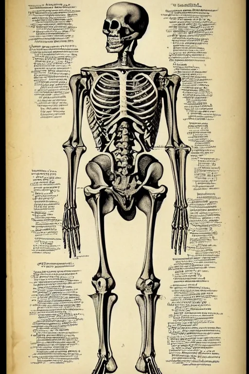 Image similar to victorian anatomical illustration of a human skeleton, photorealistic, diagram, intricate details