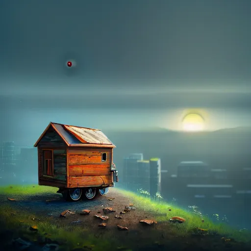 Prompt: a walking tiny wood house with two mechanical legs and two glowing eyes, rust, hyperrealistic, pareidolia, highly detailed, cinematic, single ray of sun, fog, city in background, beautiful, cgssociety, artstation, 8 k, oil painting