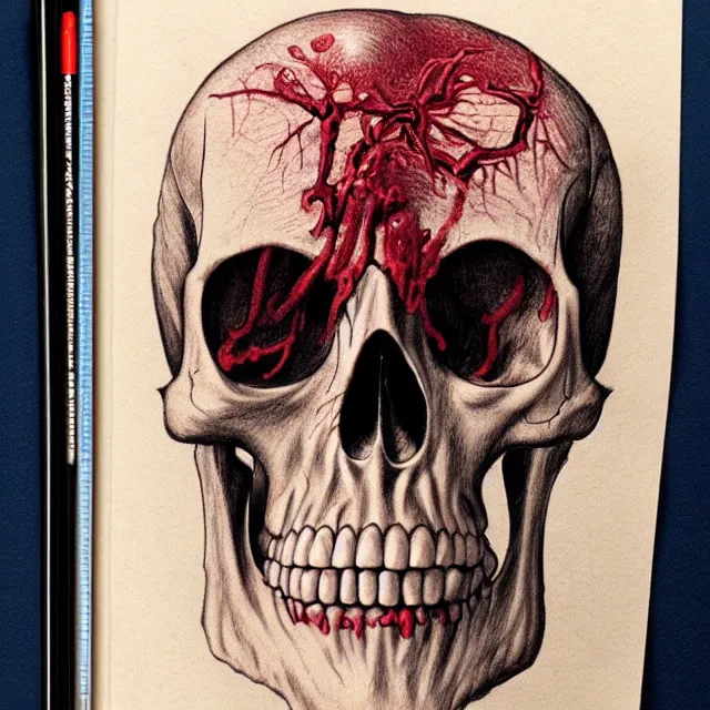 Image similar to meaty skull, dripping in blood, vintage anatomical illustration, colored pencils and pen