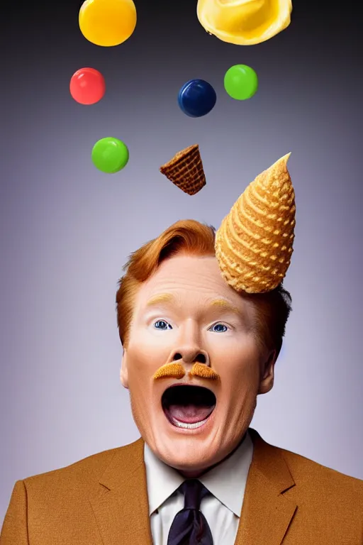 Image similar to 📷 conan o'brien the ice - cream cone 🍦, made of food, still image, dynamic lighting, 4 k