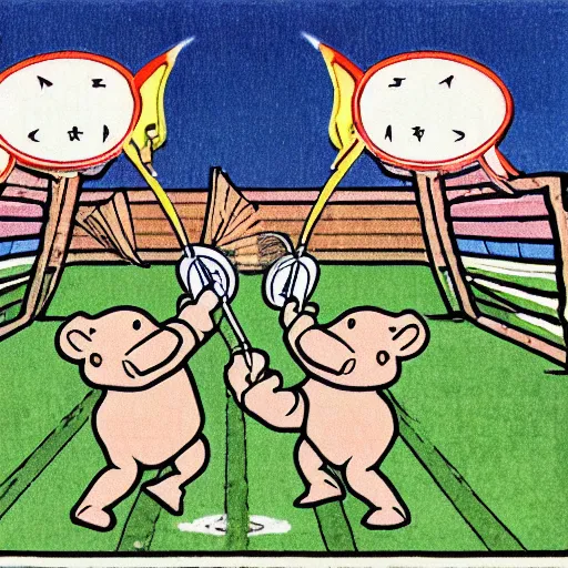 Image similar to men with hippo heads playing badminton, by Ken Sugimori, mono-color