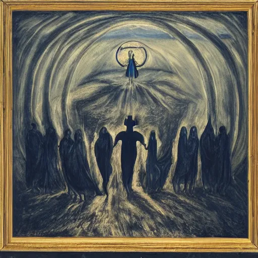 Image similar to A Holy Week procession of four souls in a Spanish landscape at night. A figure at the front holds a cross. El Greco, Remedios Varo, Salvador Dali, Carl Gustav Carus, John Atkinson Grimshaw. Blue tint. Symetrical, logo, geometric shapes.