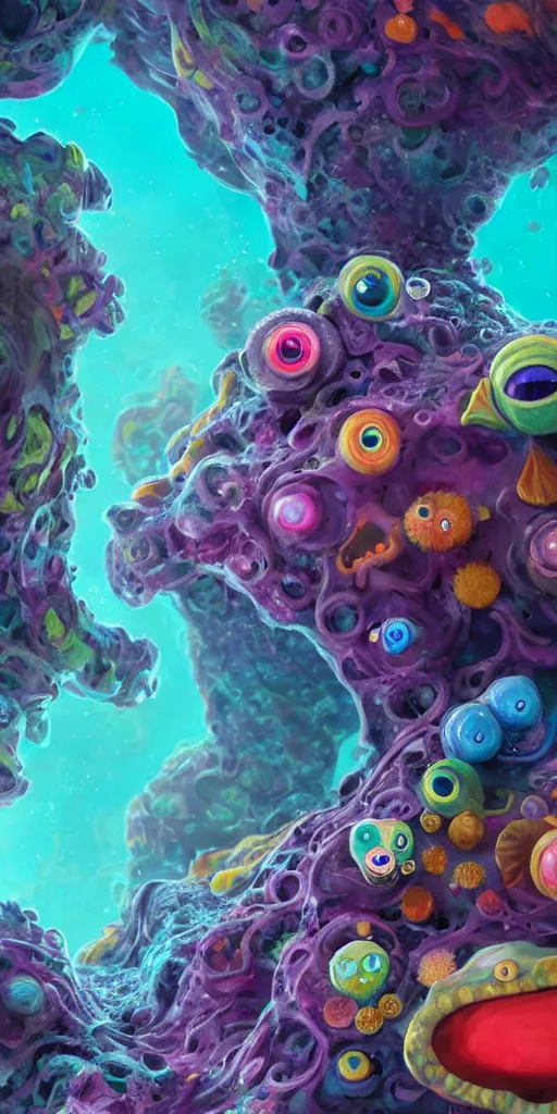 Image similar to of a colorful deep sea cave with strange cute friendly happy creatures with huge eyes, mouth, long tongue and round teeth appearing from sandy coral, in the style of gehry and gaudi, macro lens, shallow depth of field, ultra detailed, digital painting, trending artstation, concept art, illustration, cinematic lighting, photorealism, epic, octane render