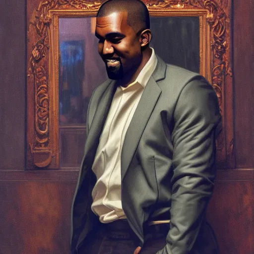 Image similar to a portrait of Kanye West, laughing at his own mirror reflection, detailed, digital painting, artstation, concept art, donato giancola, Dante Gabriel Rossetti, alphonse mucha, Joseph Christian Leyendecker, WLOP, Boris Vallejo, Annie Leibovitz and Steve McCurry, David Lazar, Jimmy Nelsson, Breathtaking, 8k resolution, extremely detailed, beautiful, artistic, hyperrealistic, octane render