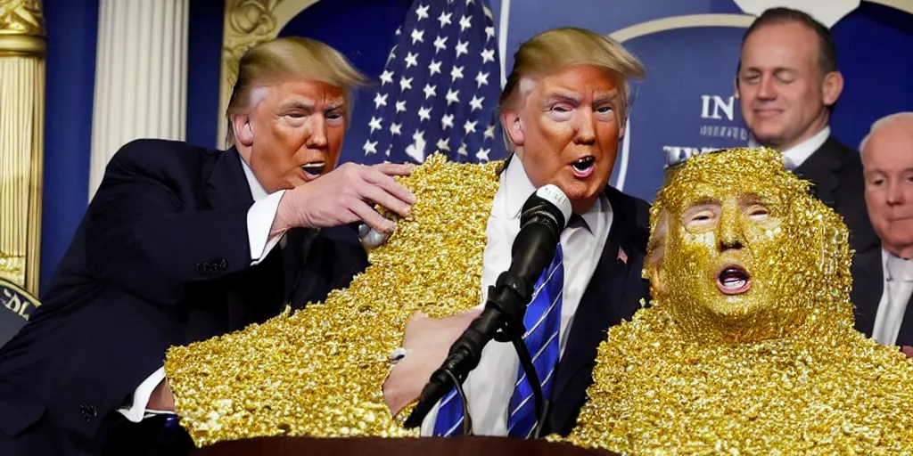 Prompt: Donald Trump covered in gold and diamonds at a press briefing AP news photo