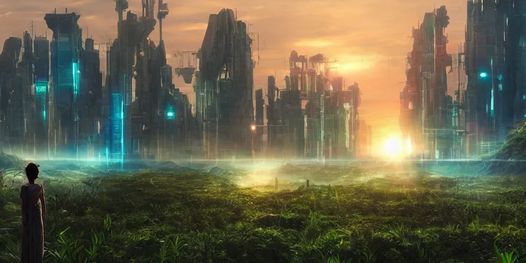 Image similar to a cinematic composition depicting : a translucid crystal - being viewing how a lush solarpunk civilization with their technology is encroaching on a distant cyberpunk world at sunrise