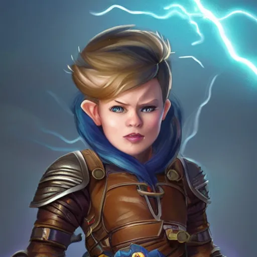 Image similar to female gnome engineer with pixie undercut hair, blasting lightning from metal gauntlet covering her arm, standing on a ship deck, full body portrait, lightning fantasy magic, naval background, D&D, piercing stare, highly detailed, digital painting, HD, ArtStation, great composition, concept art, matte, sharp focus, illustration, art by artgerm and Greg Rutkowski