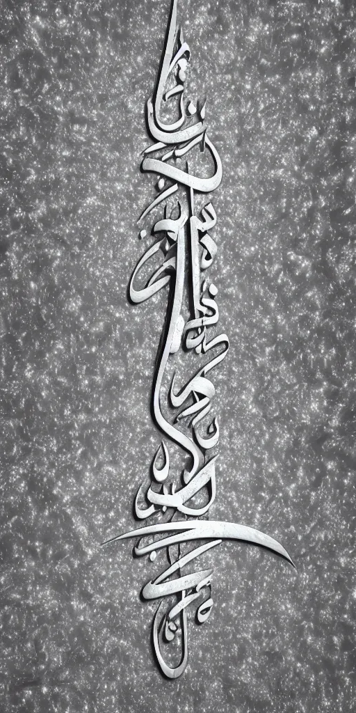 Image similar to a photorealistic render of a 3 d arabic calligraphy, made of liquid metal and marble, cinema 4 d, by zhelong xu, ernst haeckel and mouneer alshaarani, hyper realistic, plain background, 8 k, volumetric lightning, trending on artstation