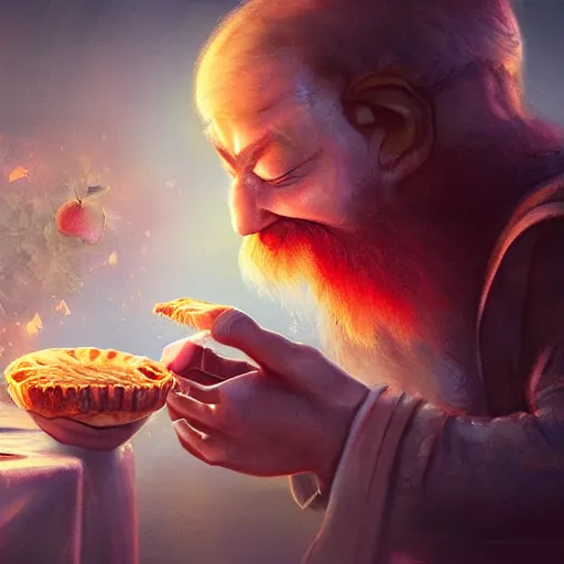 Image similar to magic wizard eating an apple pie, high detail, digital art, unreal engine, artstation, popular, magical, cinematic,