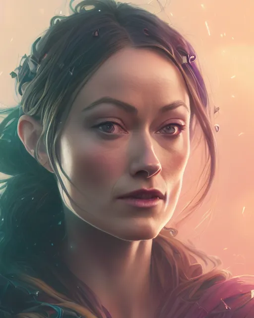 Image similar to highly detailed vfx portrait of olivia wilde as a witch, stephen bliss, unreal engine, greg rutkowski, loish, rhads, beeple, makoto shinkai and lois van baarle, ilya kuvshinov, rossdraws, tom bagshaw, alphonse mucha, global illumination, detailed and intricate environment