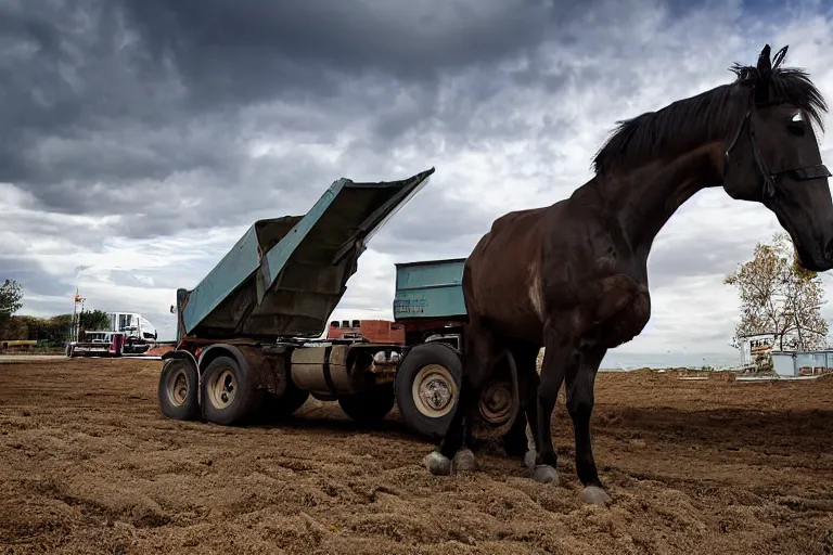 Prompt: dump truck with the body of a horse, photograph,