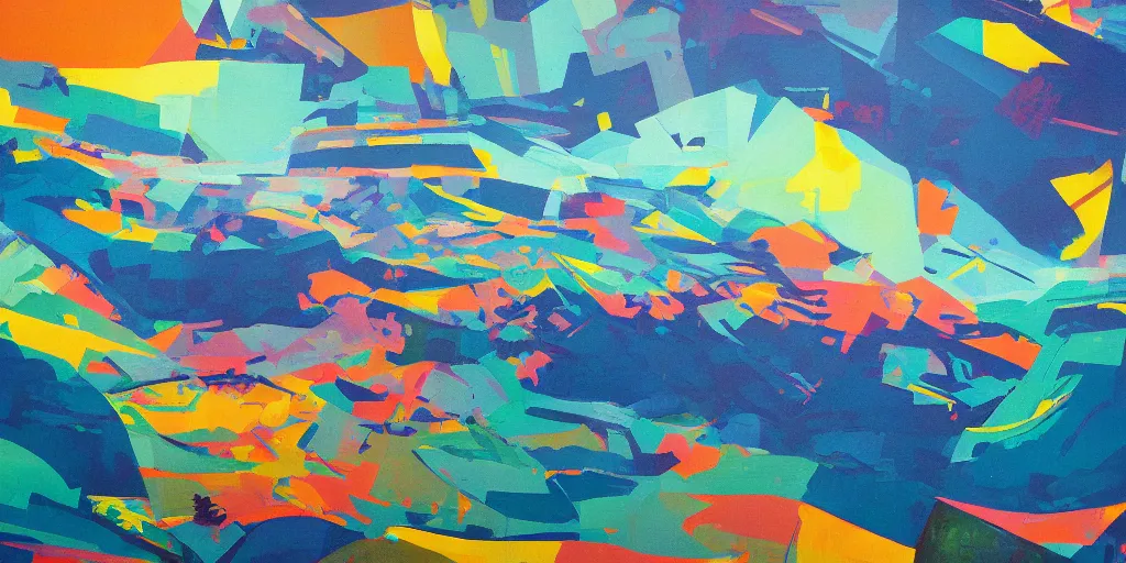 Prompt: partly abstract landscape painting at noon by james jean and David Schnell painted in no mans sky style