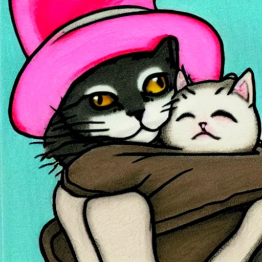 Image similar to baby kitten with a cowboy hat hugging a pink baby kitten, drawing by studio ghibli