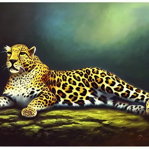 Image similar to graceful leopard in summer nigt, beautiful colour palette, oil paint on canvas, sharp textures, biotechnology, nikolay georgiev, alex ross, bruce pennington, donato giancola, larry elmore, masterpiece, trending on artstation, featured on pixiv, cinematic composition, sharp, details, hyper - detailed, hd, hdr, 4 k, 8 k