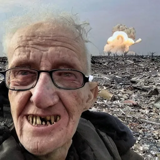 Image similar to last selfie of last alive ukrainian very damaged body to bones after a nuclear strike, a nuclear explosions in the background, dead bodies everywhere, 2 0 2 2