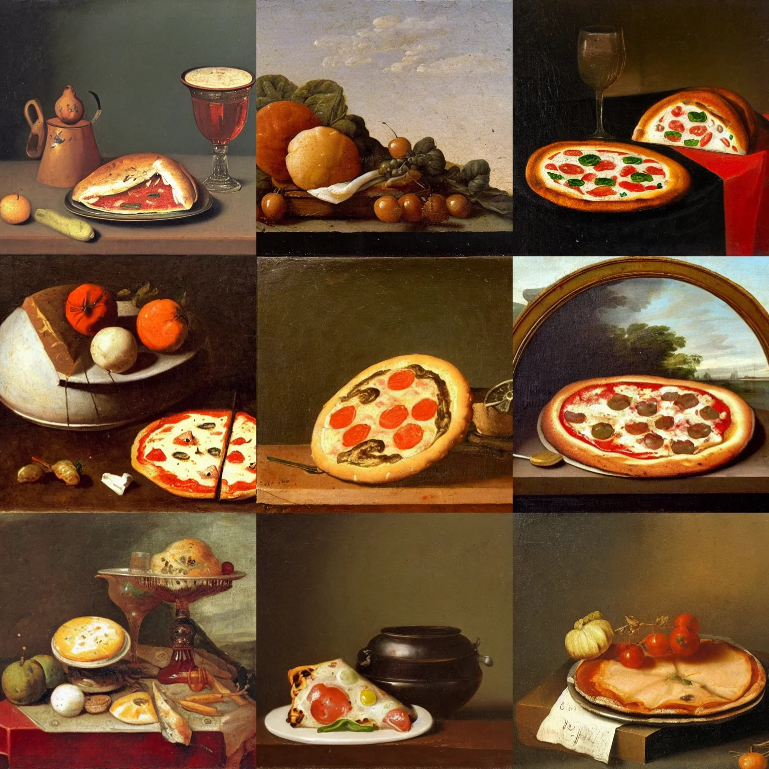 Prompt: Dutch still life from the 1600s, old oil painting: Neapolitan Pizza Margherita