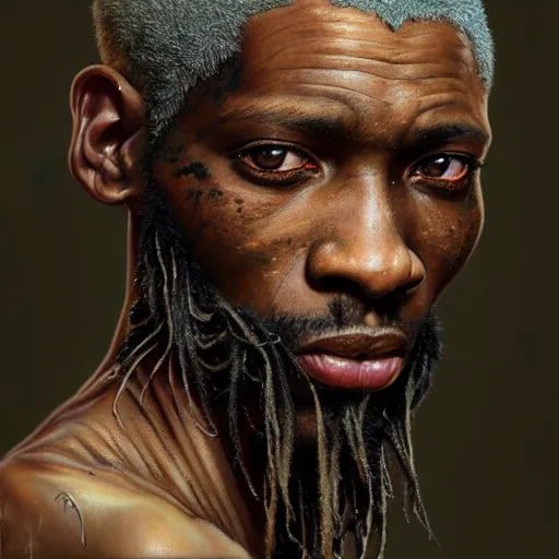 Prompt: portrait painting of a scarred african american man with cropped hair wearing a tattered and feathered coat, ultra realistic, concept art, intricate details, eerie, highly detailed, photorealistic, octane render, 8 k, unreal engine. art by artgerm and greg rutkowski and charlie bowater and magali villeneuve and alphonse mucha